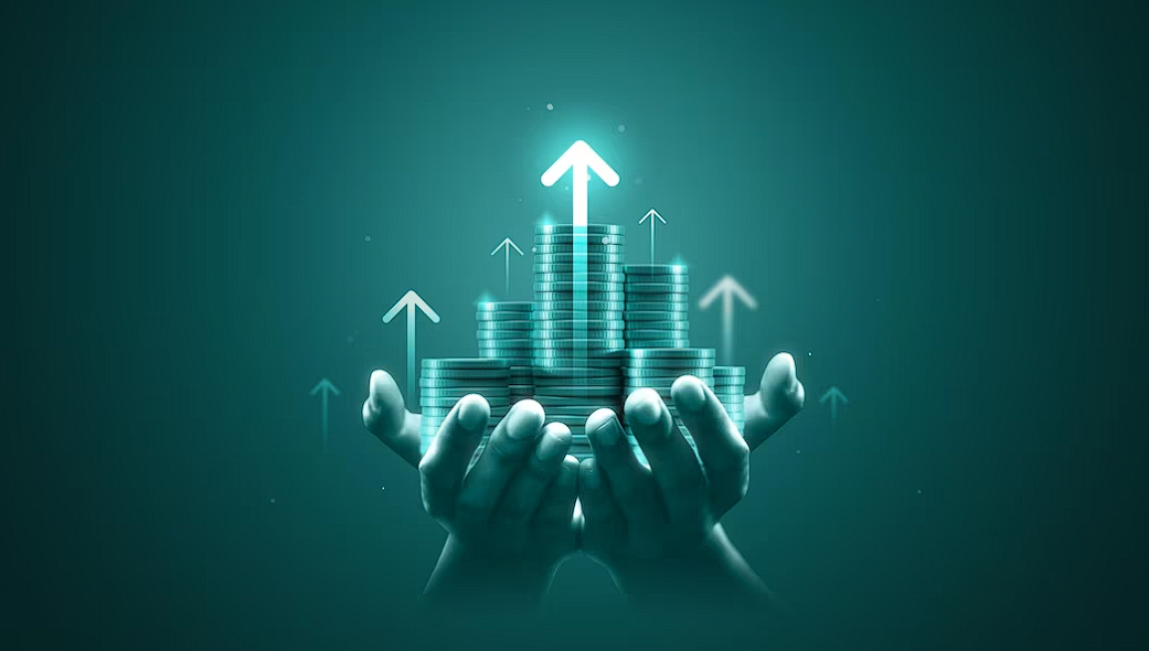 Hands holding growing stacks of coins with upward arrows
